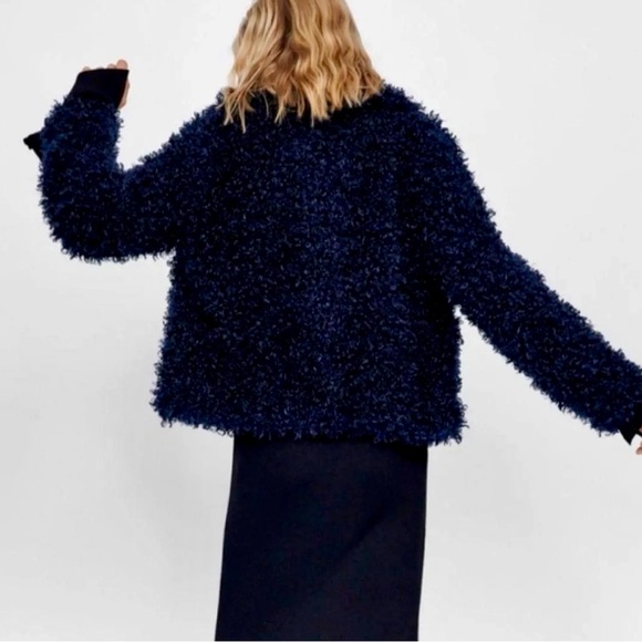 Zara Navy Blue Faux Shearling Teddy Coat Sz. Large *RARE/BLOGGER FAVE* - Picture 7 of 10